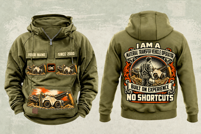 Personalized SB-3000 Material Transfer Vehicle Operator Vintage Hoodie in military-green, front and back artwork with YOUR NAME and SINCE 2000 sample text.