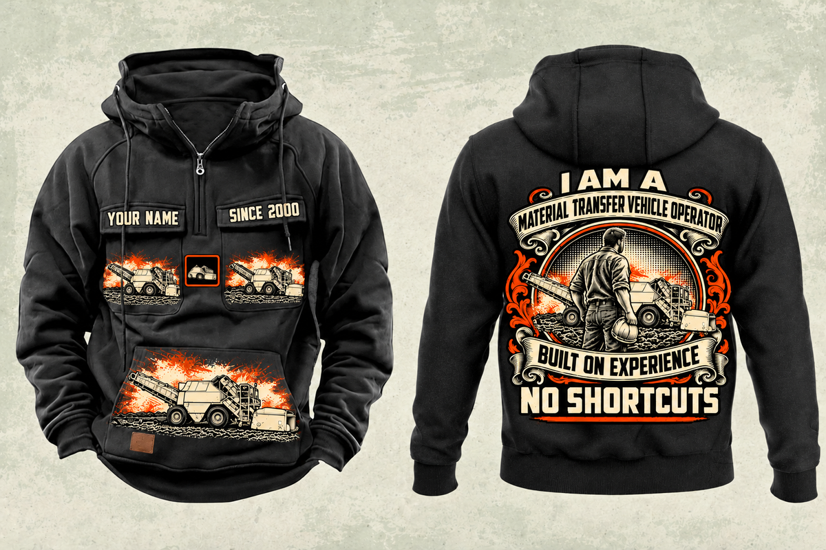 Personalized E2850C Material Transfer Vehicle Operator Vintage Hoodie in black, front and back artwork with YOUR NAME and SINCE 2000 sample text.