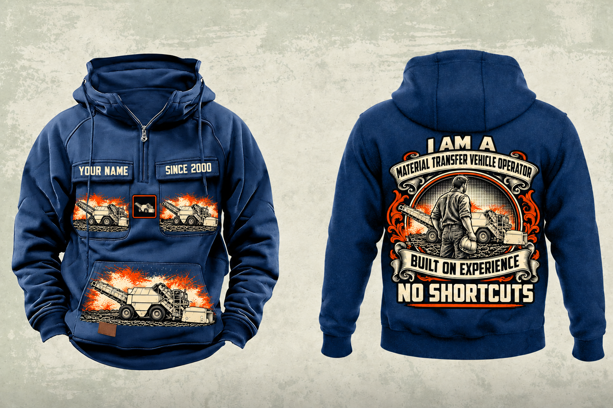 Personalized E2850C Material Transfer Vehicle Operator Vintage Hoodie in dark-blue, front and back artwork with YOUR NAME and SINCE 2000 sample text.