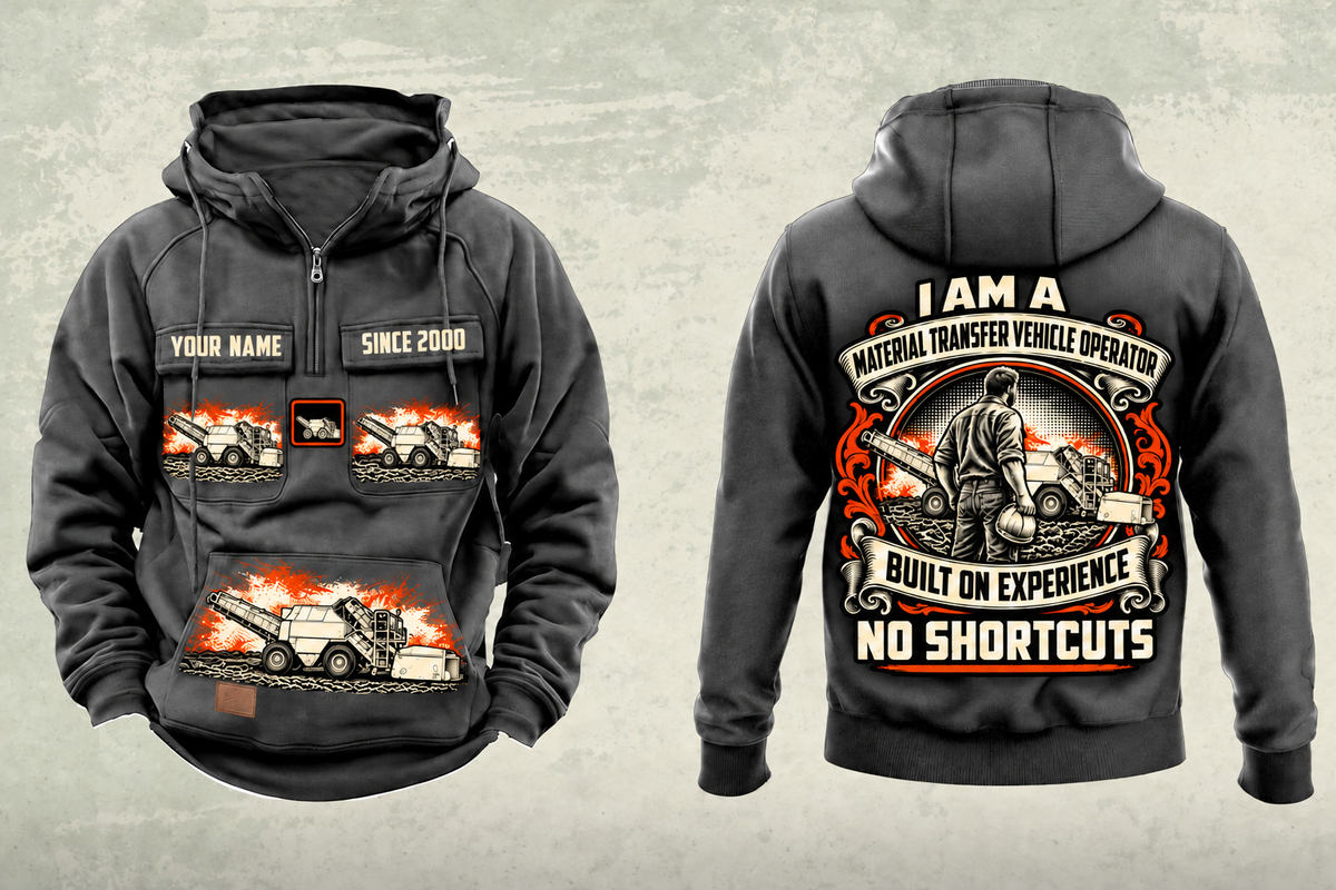 Personalized E2850C Material Transfer Vehicle Operator Vintage Hoodie in dark-gray, front and back artwork with YOUR NAME and SINCE 2000 sample text.
