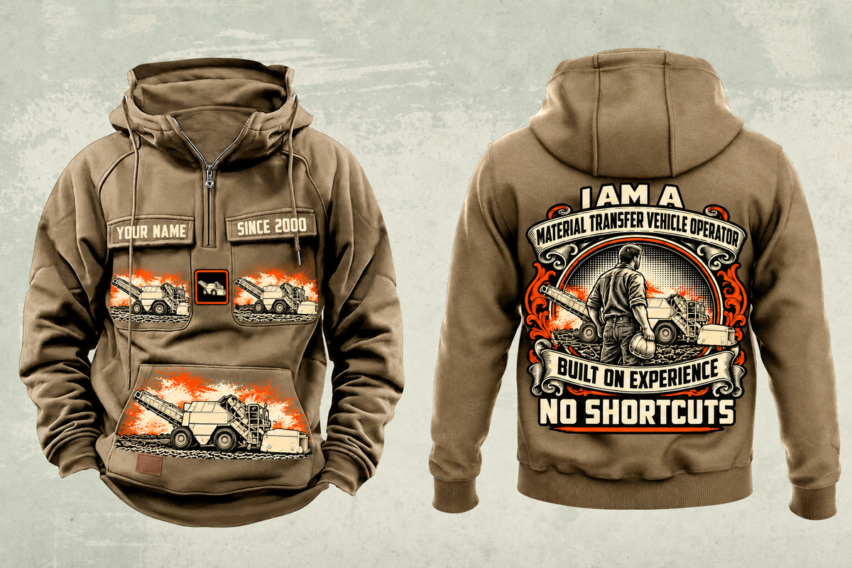 Personalized E2850C Material Transfer Vehicle Operator Vintage Hoodie in kaki, front and back artwork with YOUR NAME and SINCE 2000 sample text.