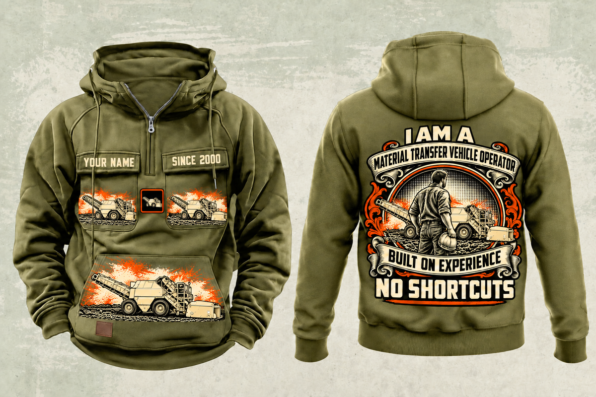 Personalized E2850C Material Transfer Vehicle Operator Vintage Hoodie in military-green, front and back artwork with YOUR NAME and SINCE 2000 sample text.
