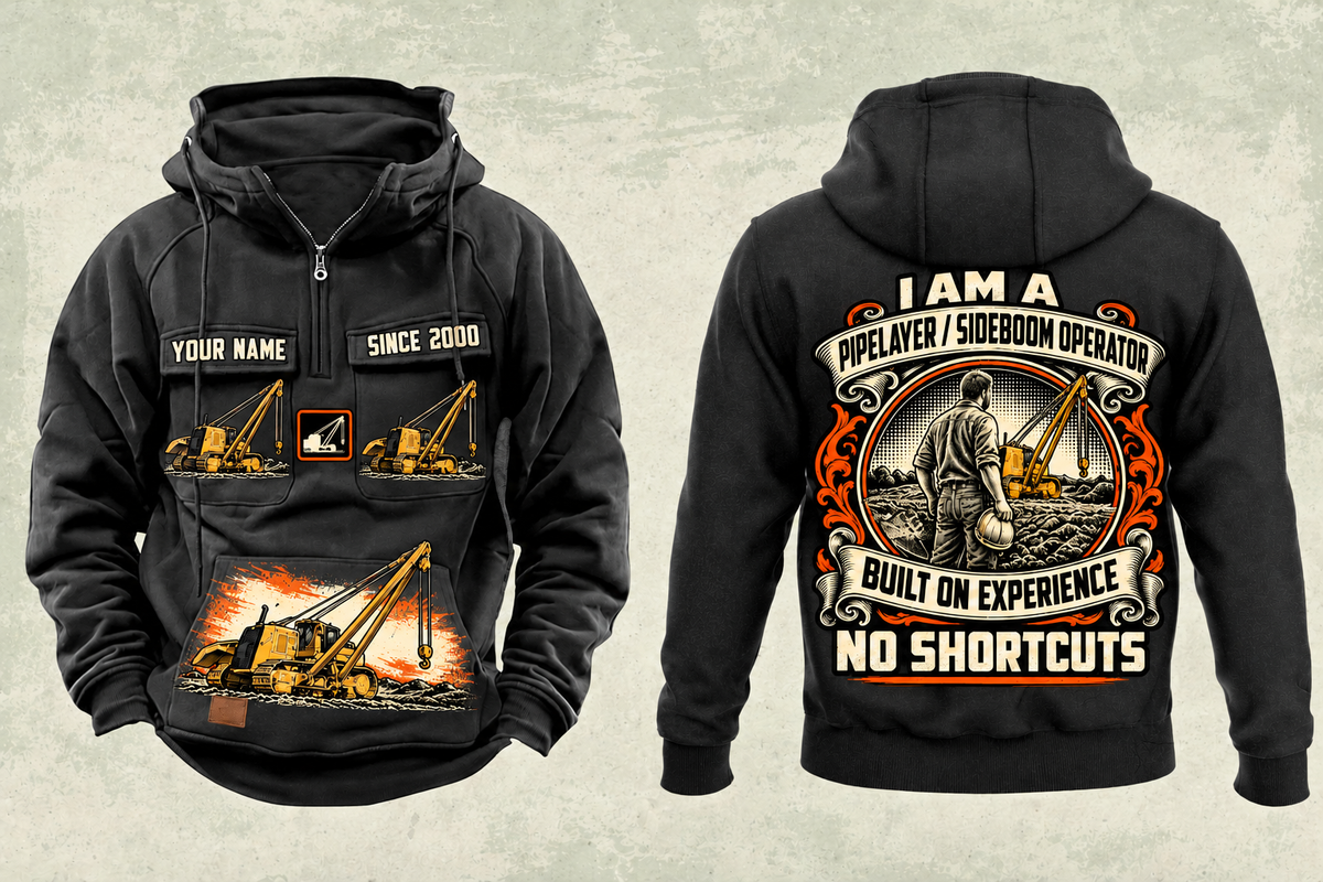 Personalized PL61 Pipelayer Operator Vintage Hoodie in black, front and back artwork with YOUR NAME and SINCE 2000 sample text.