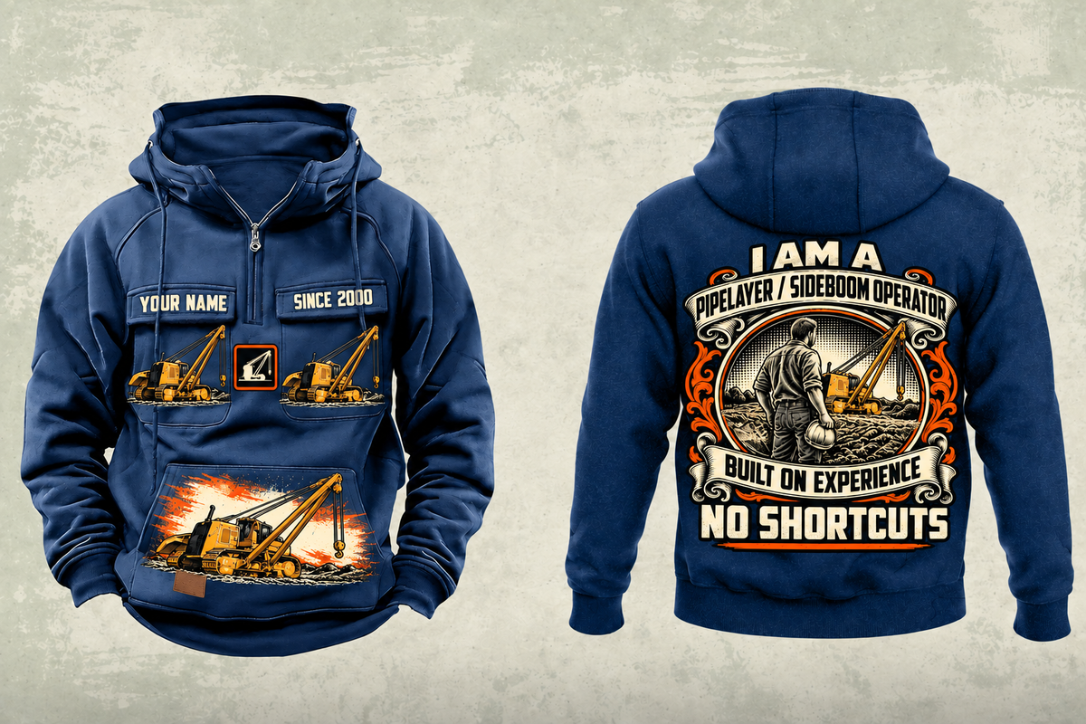 Personalized PL61 Pipelayer Operator Vintage Hoodie in dark-blue, front and back artwork with YOUR NAME and SINCE 2000 sample text.