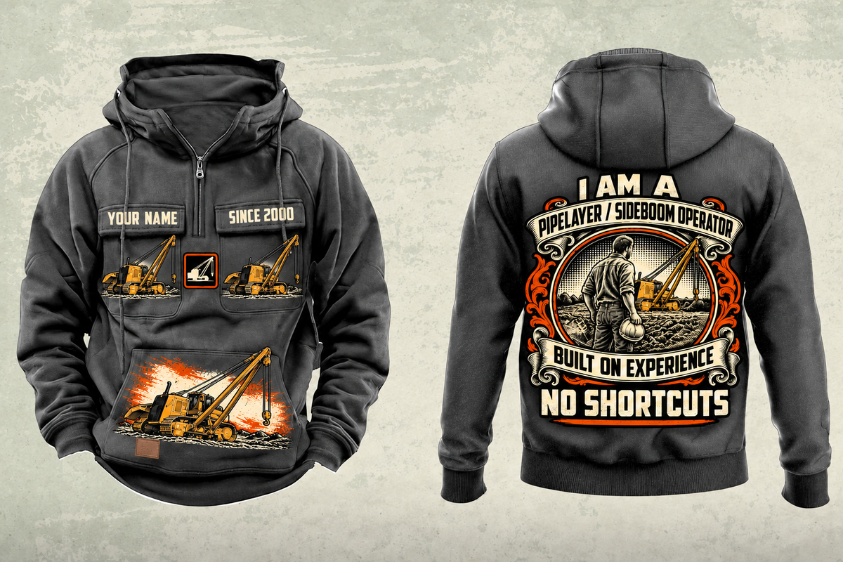 Personalized PL61 Pipelayer Operator Vintage Hoodie in dark-gray, front and back artwork with YOUR NAME and SINCE 2000 sample text.