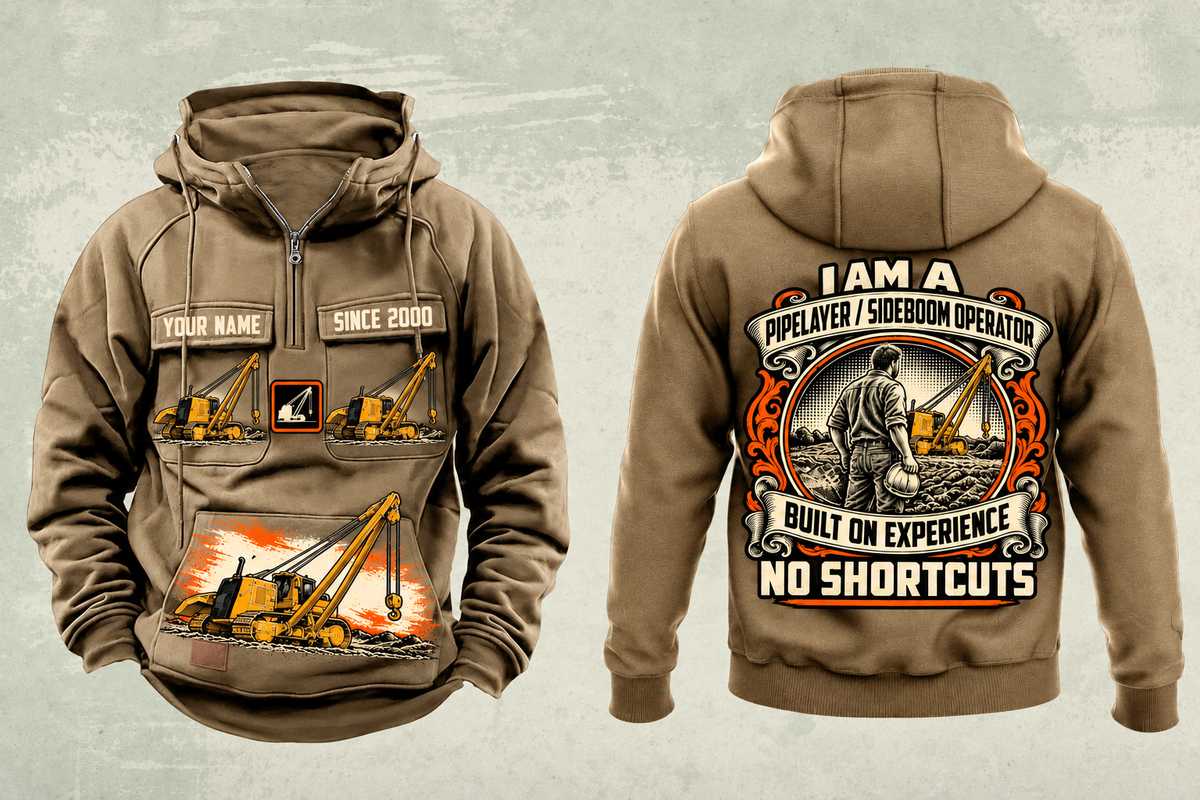 Personalized PL61 Pipelayer Operator Vintage Hoodie in kaki, front and back artwork with YOUR NAME and SINCE 2000 sample text.