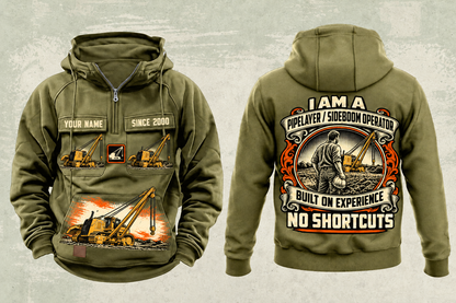 Personalized PL61 Pipelayer Operator Vintage Hoodie in military-green, front and back artwork with YOUR NAME and SINCE 2000 sample text.