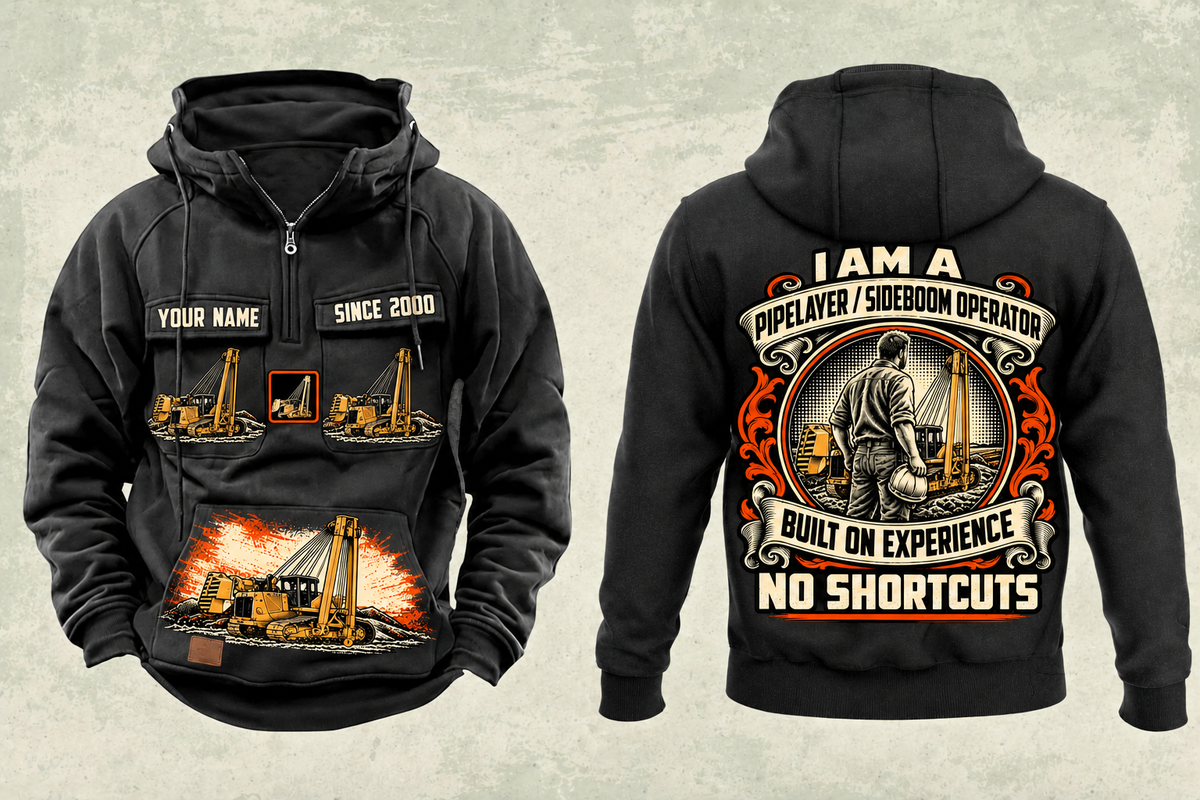 Personalized PL83 Pipelayer Operator Vintage Hoodie in black, front and back artwork with YOUR NAME and SINCE 2000 sample text.