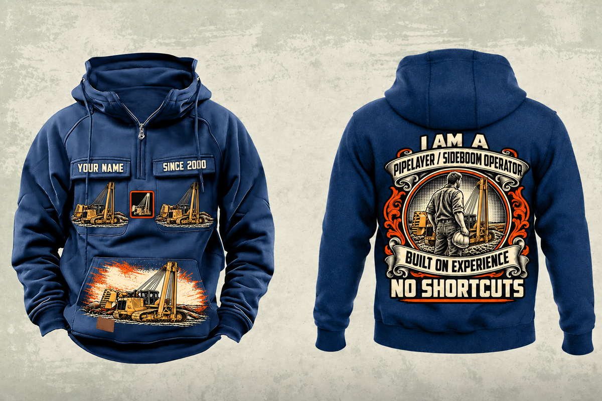 Personalized PL83 Pipelayer Operator Vintage Hoodie in dark-blue, front and back artwork with YOUR NAME and SINCE 2000 sample text.