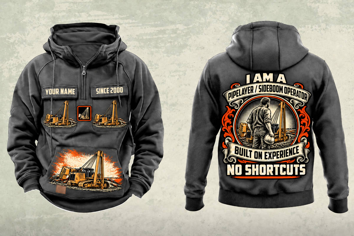 Personalized PL83 Pipelayer Operator Vintage Hoodie in dark-gray, front and back artwork with YOUR NAME and SINCE 2000 sample text.