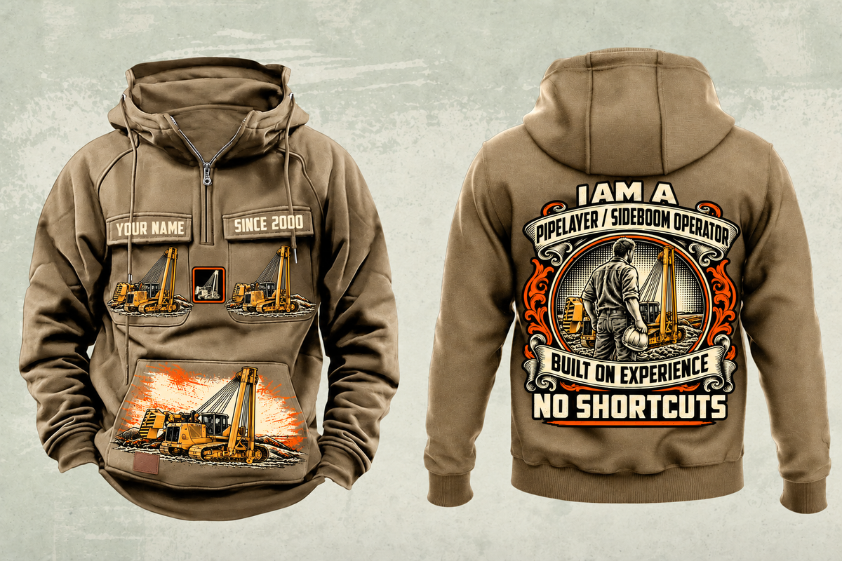 Personalized PL83 Pipelayer Operator Vintage Hoodie in kaki, front and back artwork with YOUR NAME and SINCE 2000 sample text.