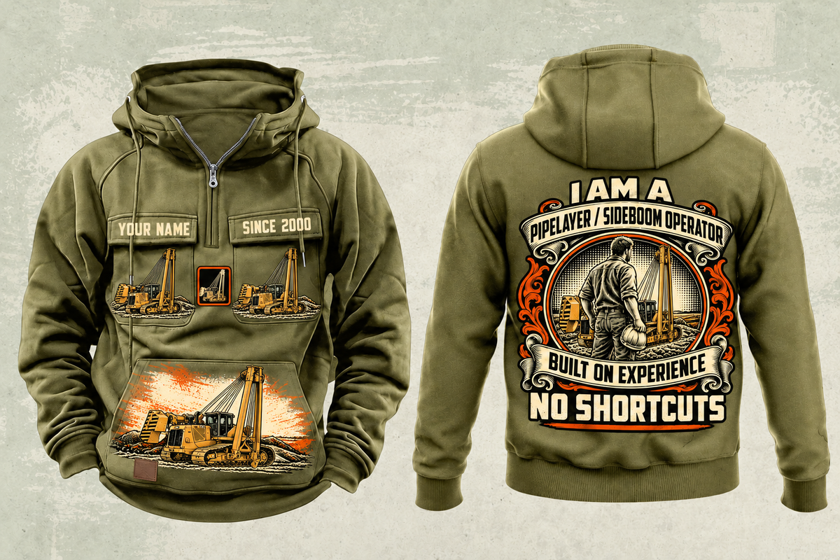 Personalized PL83 Pipelayer Operator Vintage Hoodie in military-green, front and back artwork with YOUR NAME and SINCE 2000 sample text.