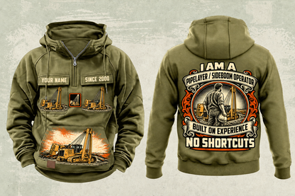 Personalized PL83 Pipelayer Operator Vintage Hoodie in military-green, front and back artwork with YOUR NAME and SINCE 2000 sample text.