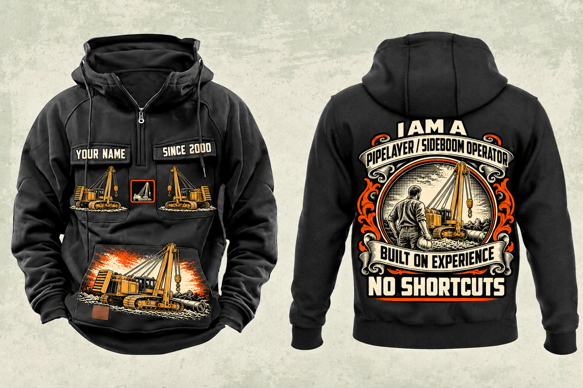 Personalized PL87 Pipelayer Operator Vintage Hoodie in black, front and back artwork with YOUR NAME and SINCE 2000 sample text.