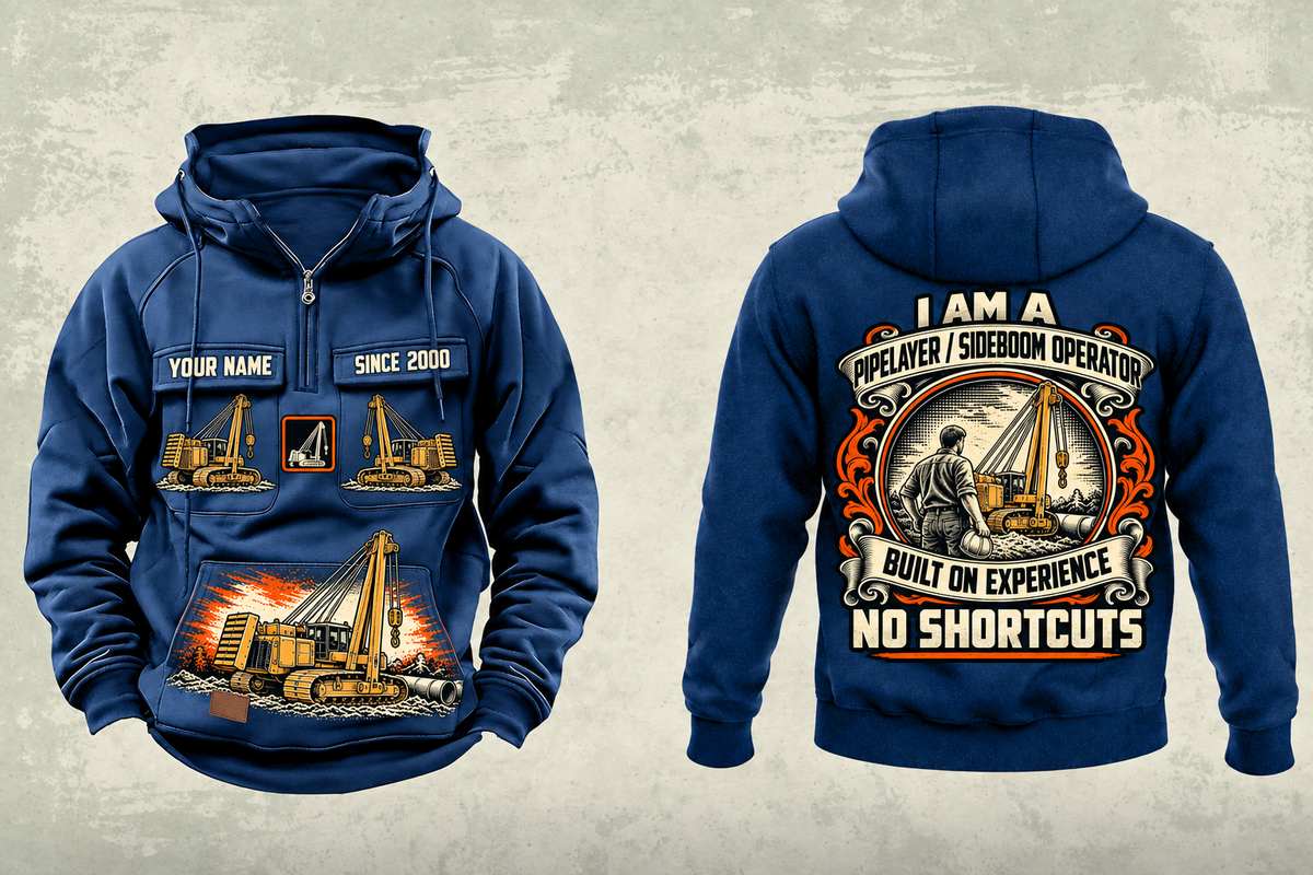 Personalized PL87 Pipelayer Operator Vintage Hoodie in dark-blue, front and back artwork with YOUR NAME and SINCE 2000 sample text.