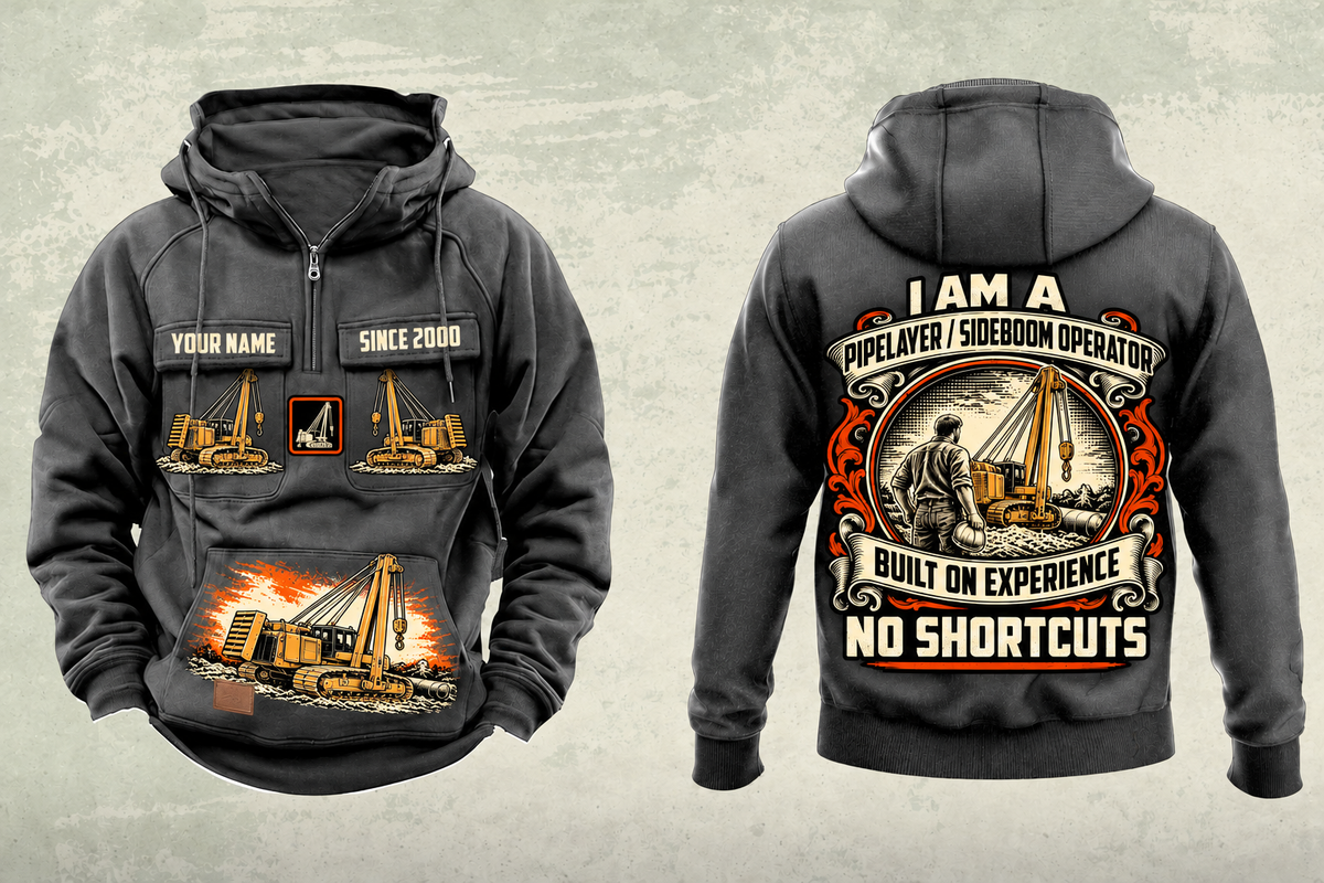 Personalized PL87 Pipelayer Operator Vintage Hoodie in dark-gray, front and back artwork with YOUR NAME and SINCE 2000 sample text.