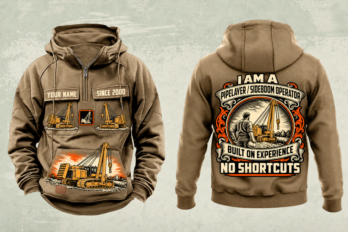 Personalized PL87 Pipelayer Operator Vintage Hoodie in kaki, front and back artwork with YOUR NAME and SINCE 2000 sample text.