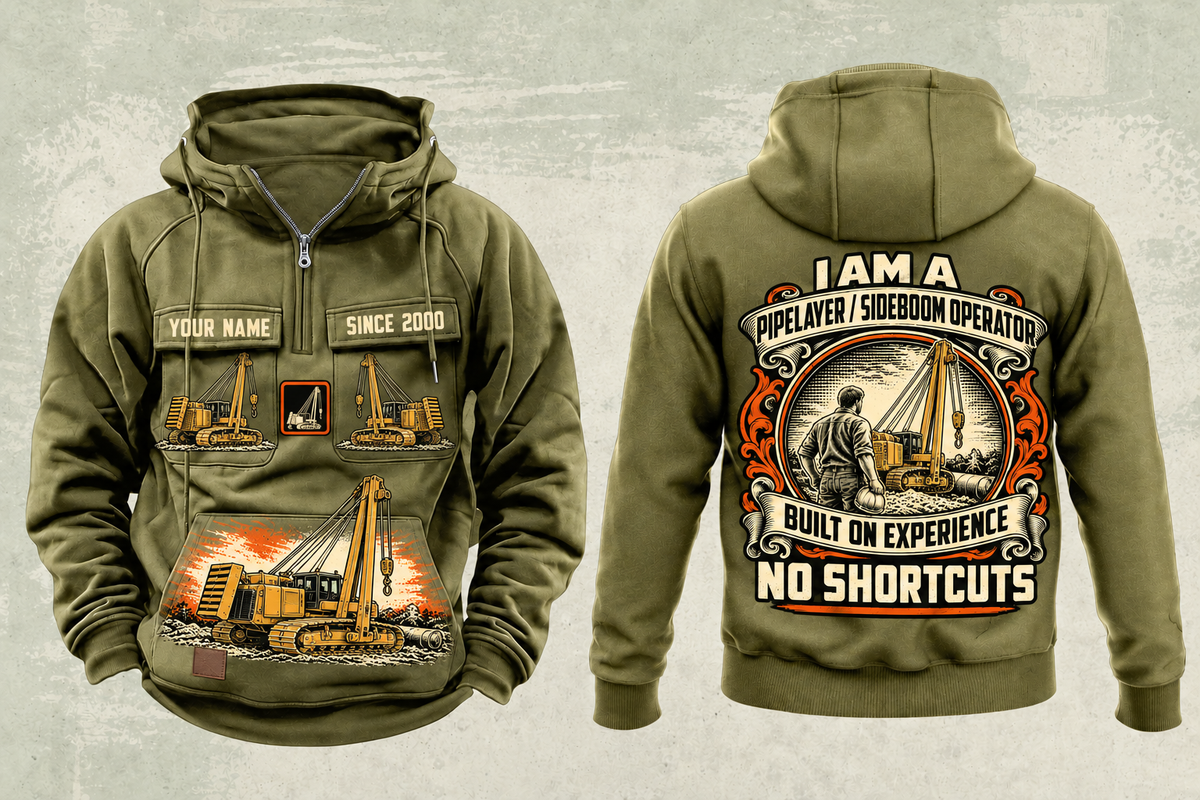 Personalized PL87 Pipelayer Operator Vintage Hoodie in military-green, front and back artwork with YOUR NAME and SINCE 2000 sample text.