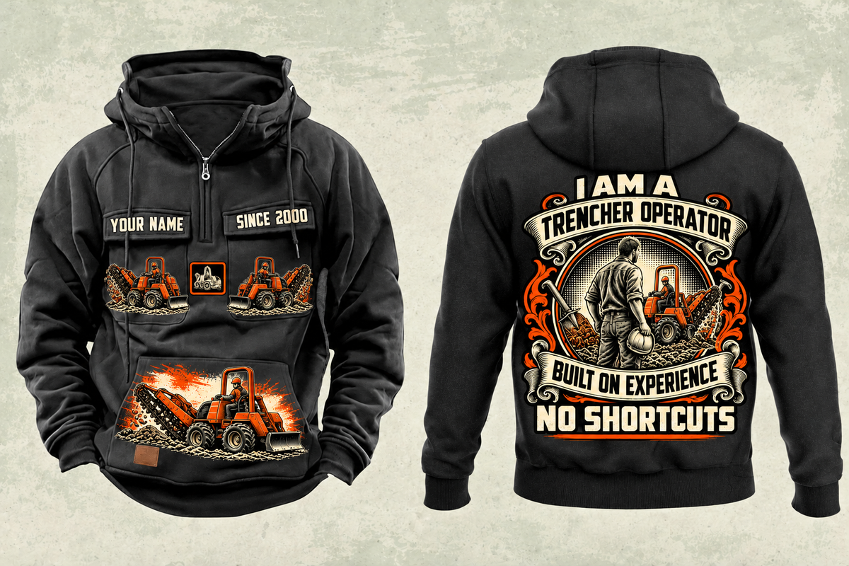 Personalized RT45 Trencher Operator Vintage Hoodie in black, front and back artwork with YOUR NAME and SINCE 2000 sample text.