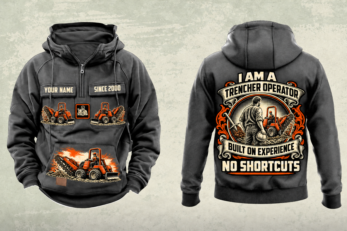 Personalized RT45 Trencher Operator Vintage Hoodie in dark-gray, front and back artwork with YOUR NAME and SINCE 2000 sample text.