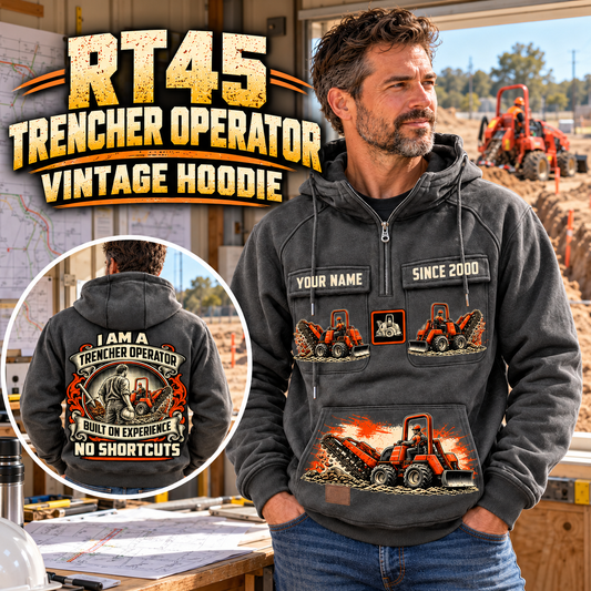 Personalized RT45 Trencher Operator Vintage Hoodie in Dark Gray, front and back artwork with YOUR NAME and SINCE 2000 sample text.