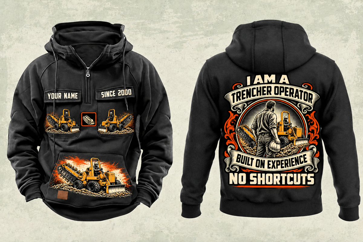 Personalized RTX450 Trencher Operator Vintage Hoodie in black, front and back artwork with YOUR NAME and SINCE 2000 sample text.