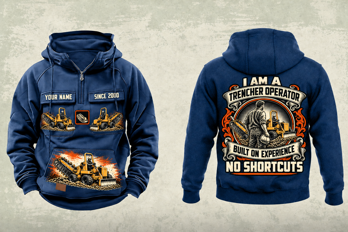 Personalized RTX450 Trencher Operator Vintage Hoodie in dark-blue, front and back artwork with YOUR NAME and SINCE 2000 sample text.