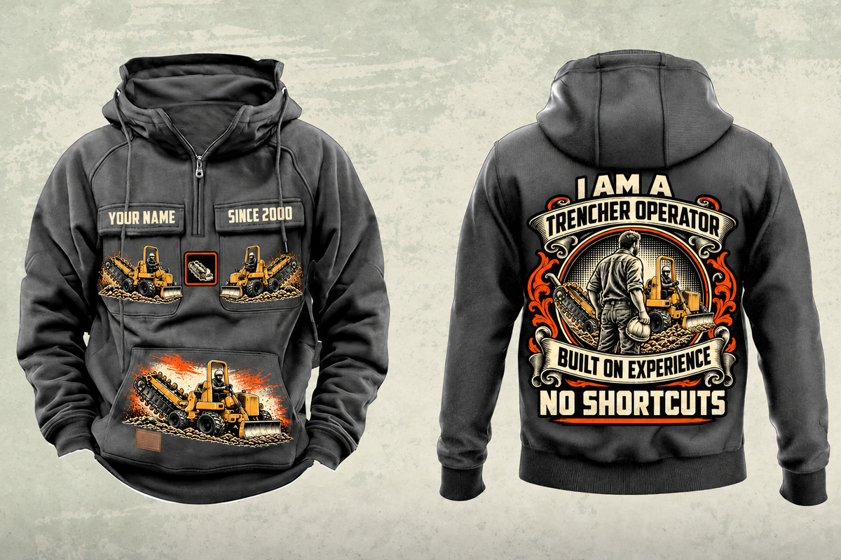 Personalized RTX450 Trencher Operator Vintage Hoodie in dark-gray, front and back artwork with YOUR NAME and SINCE 2000 sample text.