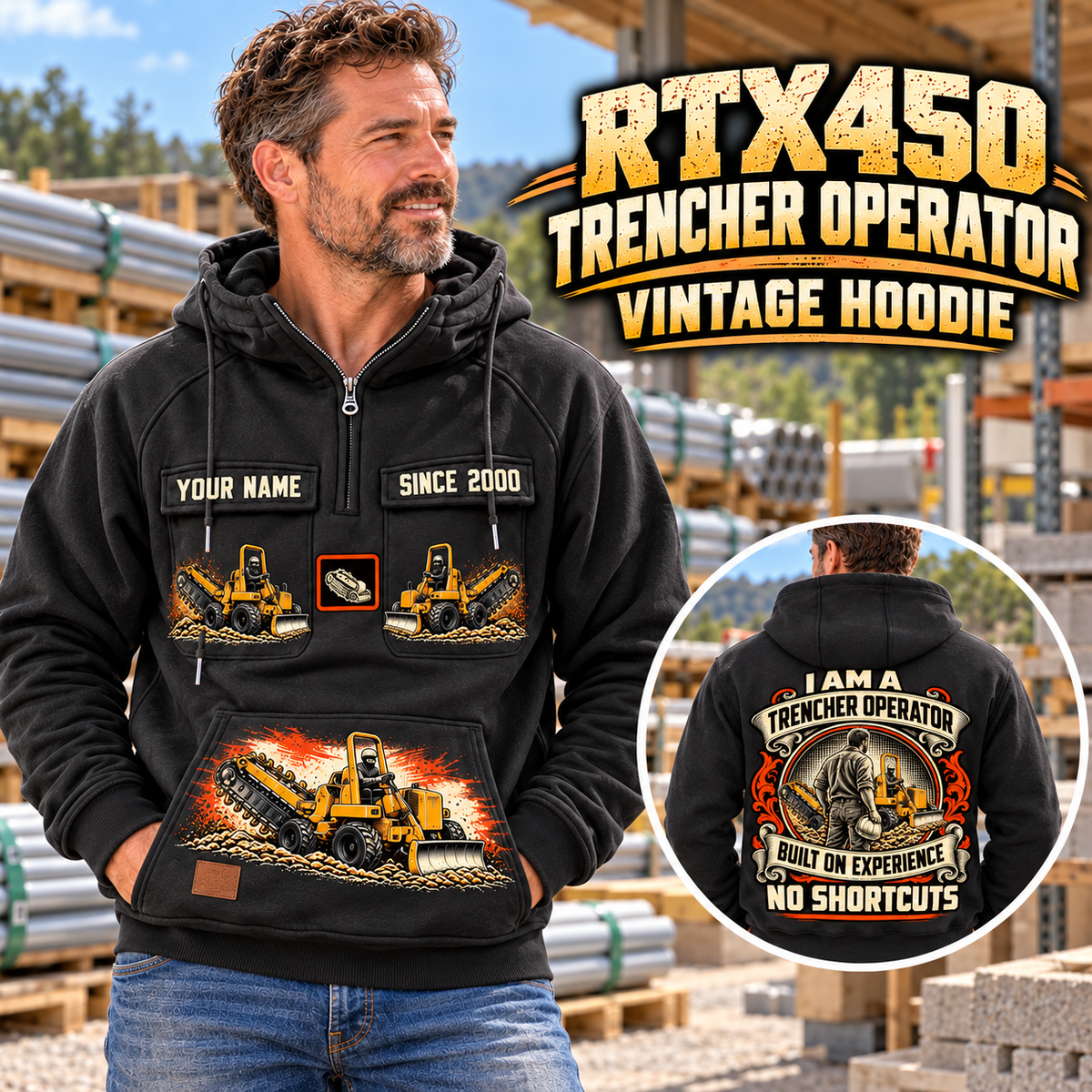 Personalized RTX450 Trencher Operator Vintage Hoodie in Black, front and back artwork with YOUR NAME and SINCE 2000 sample text.