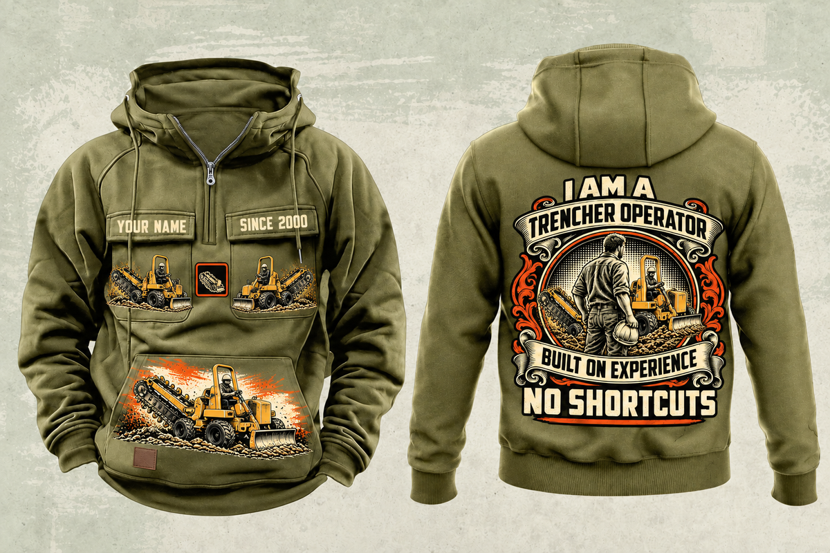 Personalized RTX450 Trencher Operator Vintage Hoodie in military-green, front and back artwork with YOUR NAME and SINCE 2000 sample text.