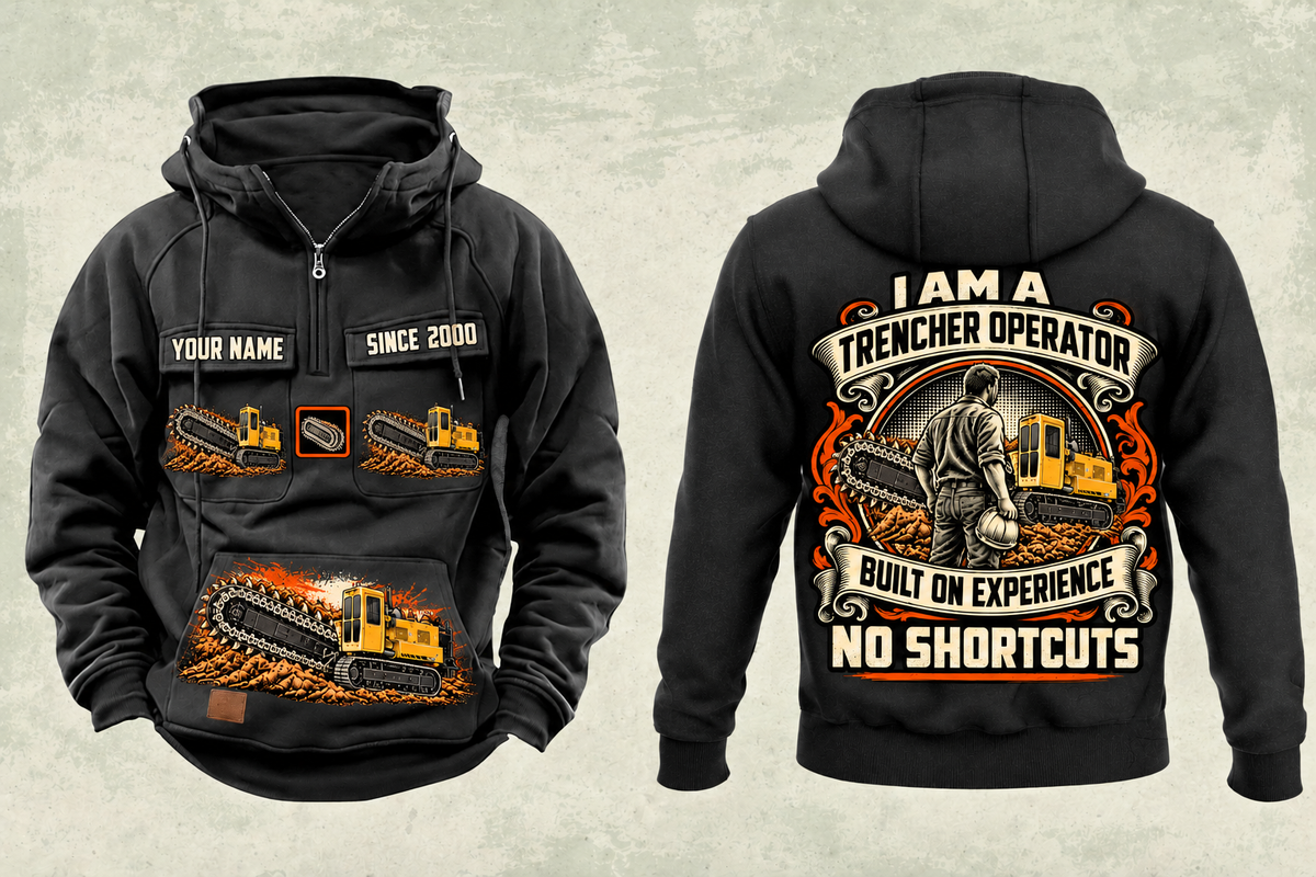 Personalized T655III Trencher Operator Vintage Hoodie in black, front and back artwork with YOUR NAME and SINCE 2000 sample text.