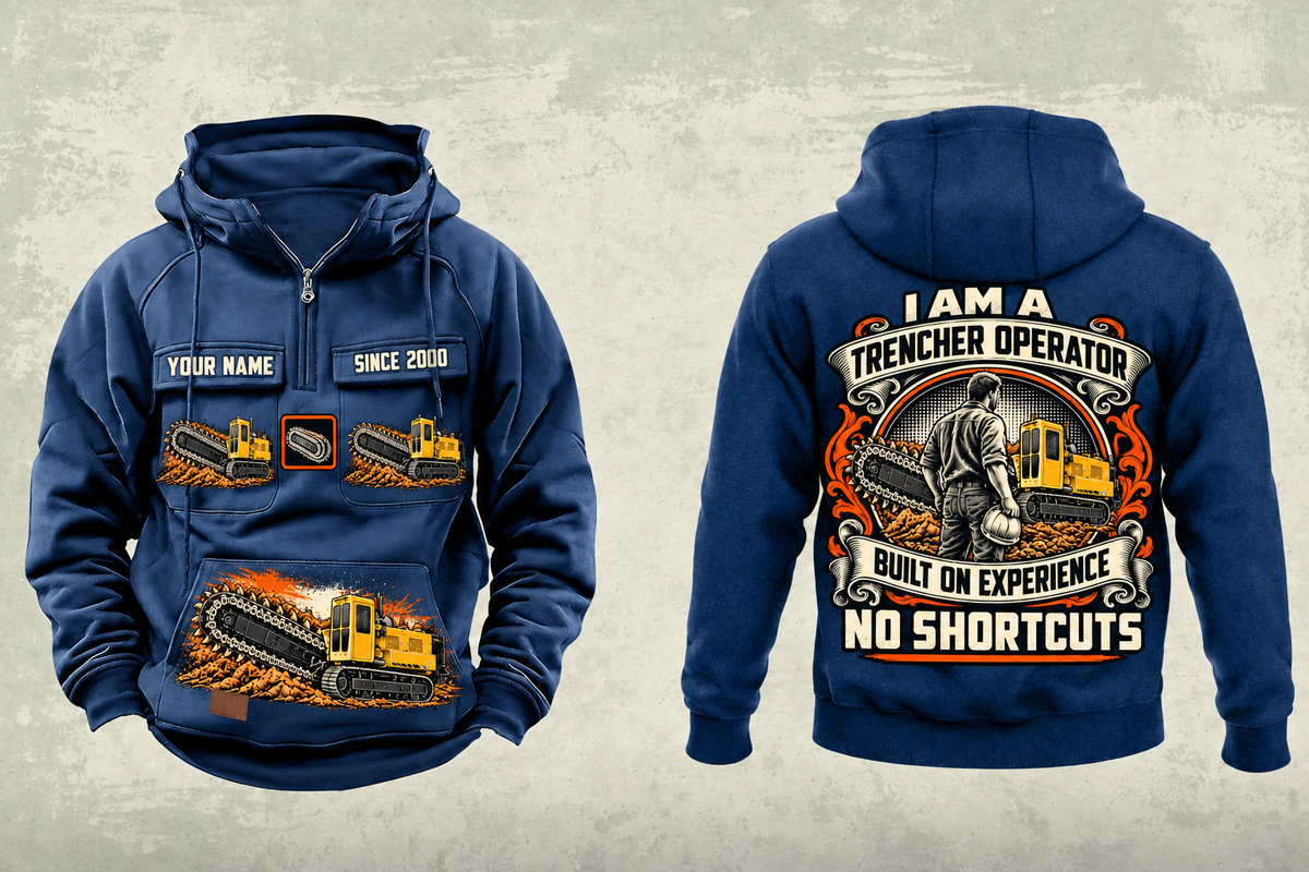 Personalized T655III Trencher Operator Vintage Hoodie in dark-blue, front and back artwork with YOUR NAME and SINCE 2000 sample text.