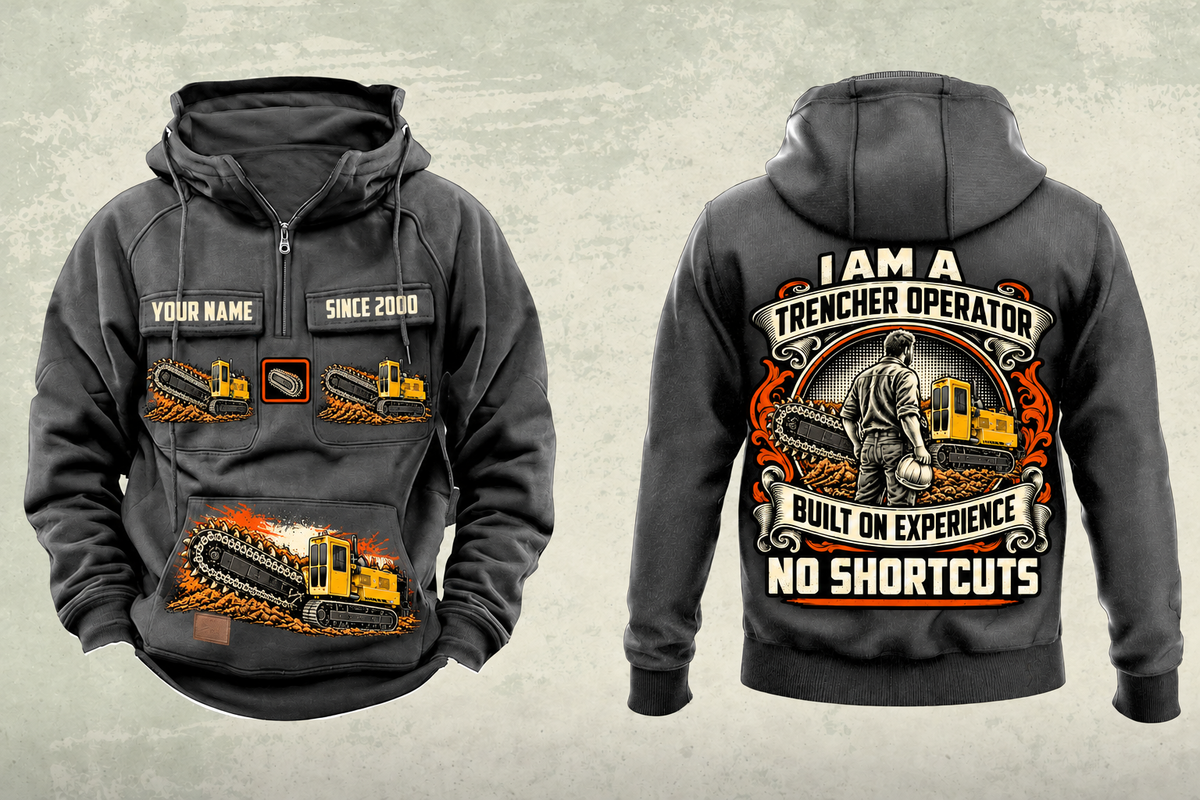 Personalized T655III Trencher Operator Vintage Hoodie in dark-gray, front and back artwork with YOUR NAME and SINCE 2000 sample text.