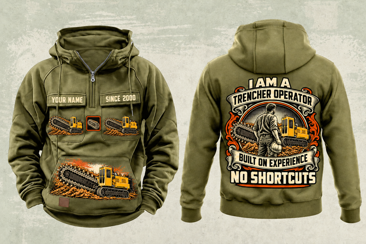 Personalized T655III Trencher Operator Vintage Hoodie in military-green, front and back artwork with YOUR NAME and SINCE 2000 sample text.