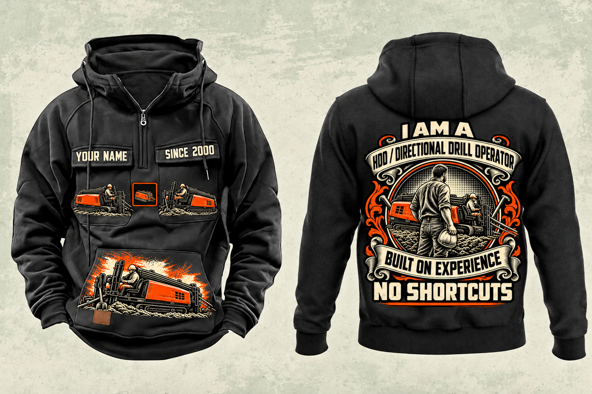 Personalized Ditch Witch JT20 HDD Directional Drill Vintage Hoodie in black, front and back artwork with YOUR NAME and SINCE 2000 sample text.
