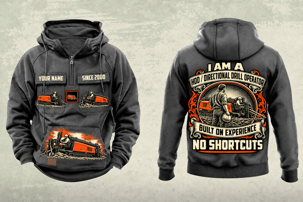 Personalized Ditch Witch JT20 HDD Directional Drill Vintage Hoodie in dark-gray, front and back artwork with YOUR NAME and SINCE 2000 sample text.
