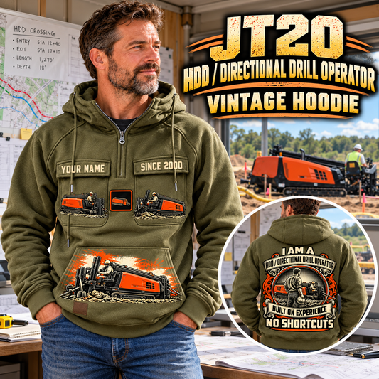 Personalized Ditch Witch JT20 HDD Directional Drill Vintage Hoodie in Military Green, front and back artwork with YOUR NAME and SINCE 2000 sample text.
