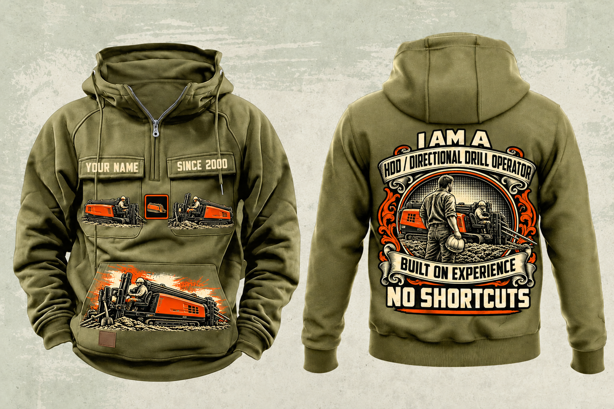 Personalized Ditch Witch JT20 HDD Directional Drill Vintage Hoodie in military-green, front and back artwork with YOUR NAME and SINCE 2000 sample text.