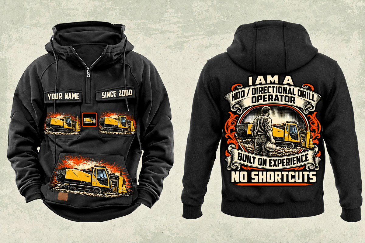 Personalized Vermeer D24x40 S3 HDD Directional Drill Vintage Hoodie in black, front and back artwork with YOUR NAME and SINCE 2000 sample text.