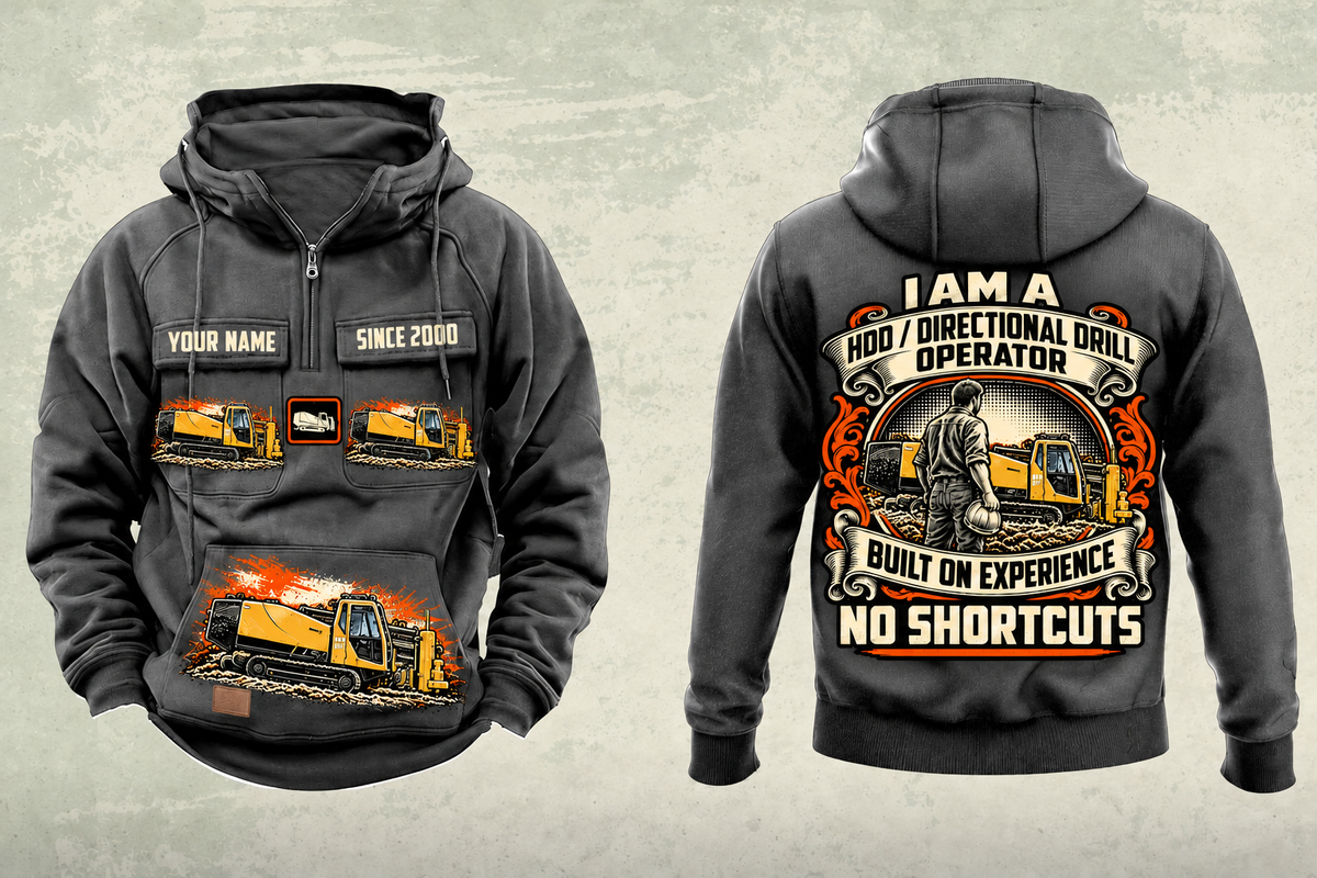 Personalized Vermeer D24x40 S3 HDD Directional Drill Vintage Hoodie in dark-gray, front and back artwork with YOUR NAME and SINCE 2000 sample text.