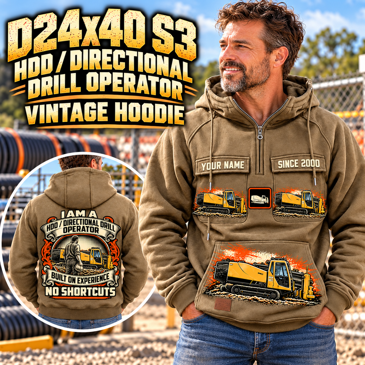 Personalized Vermeer D24x40 S3 HDD Directional Drill Vintage Hoodie in Kaki, front and back artwork with YOUR NAME and SINCE 2000 sample text.