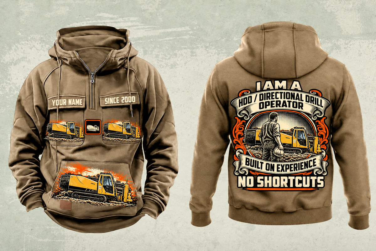 Personalized Vermeer D24x40 S3 HDD Directional Drill Vintage Hoodie in kaki, front and back artwork with YOUR NAME and SINCE 2000 sample text.