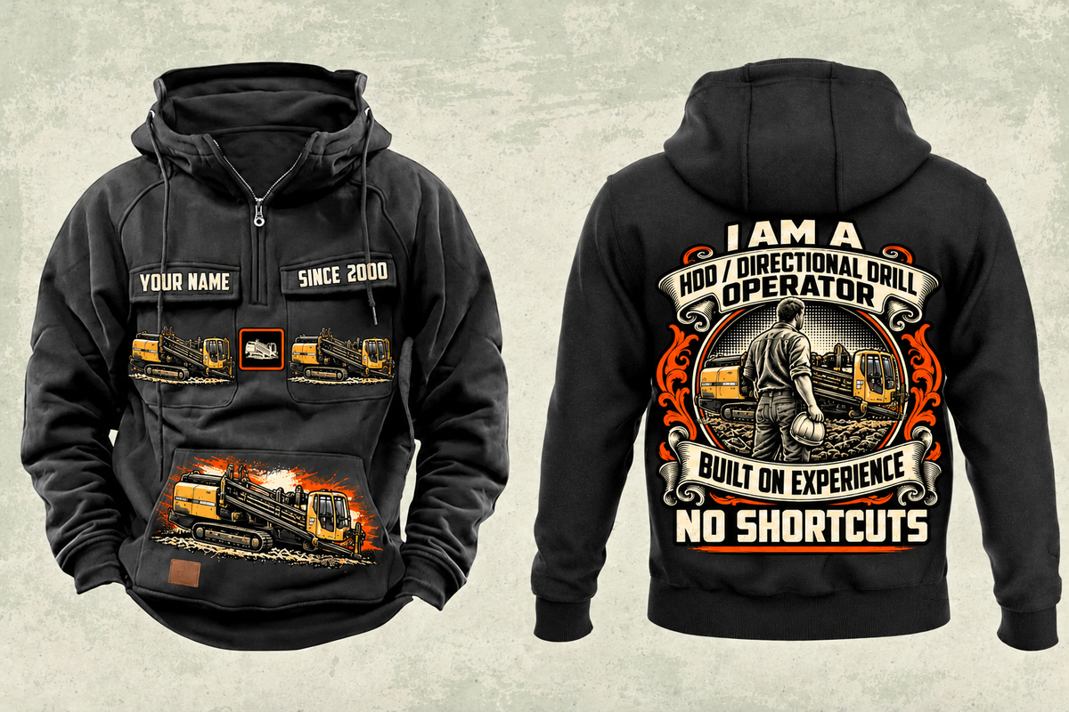 Personalized Vermeer D60x90 S3 HDD Directional Drill Vintage Hoodie in black, front and back artwork with YOUR NAME and SINCE 2000 sample text.