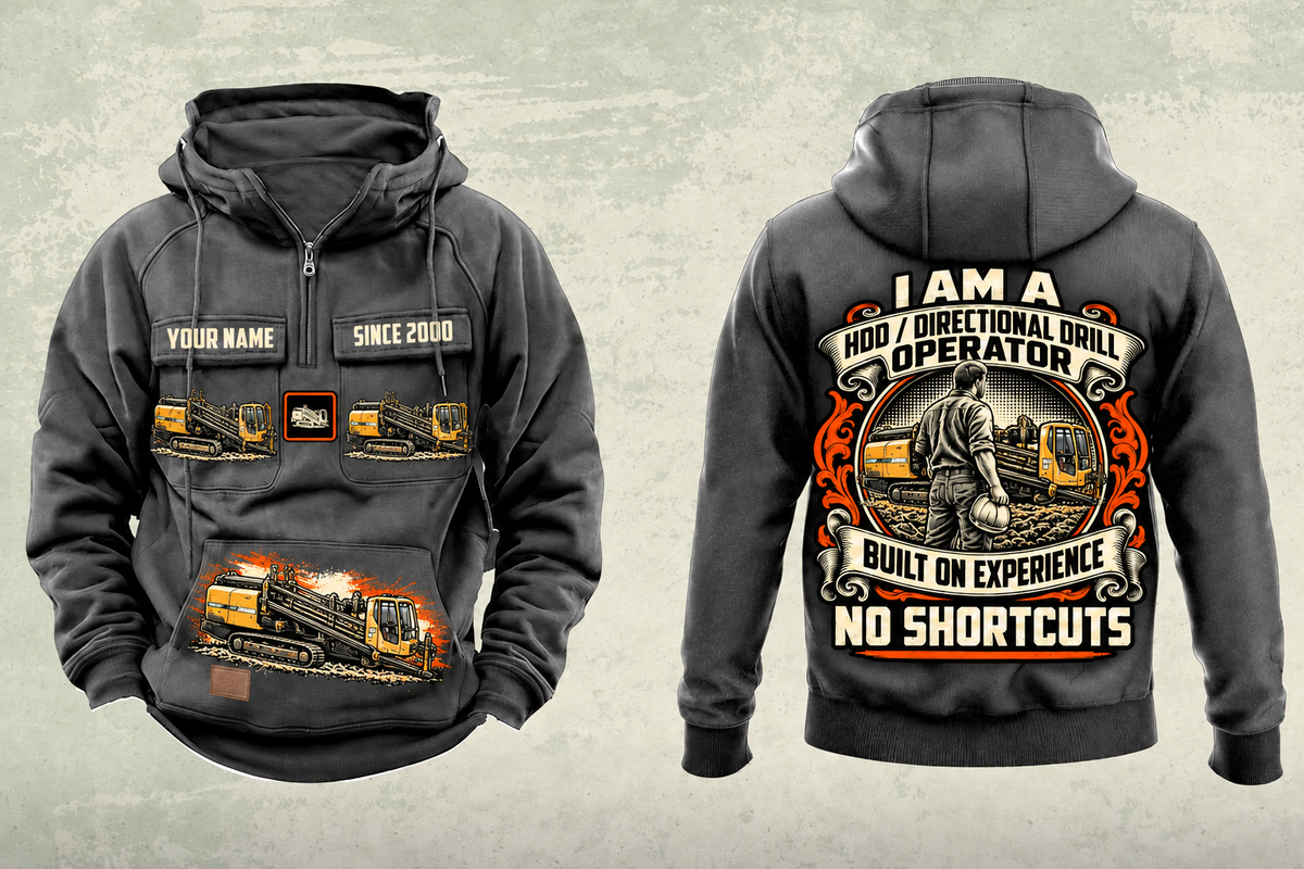 Personalized Vermeer D60x90 S3 HDD Directional Drill Vintage Hoodie in dark-gray, front and back artwork with YOUR NAME and SINCE 2000 sample text.