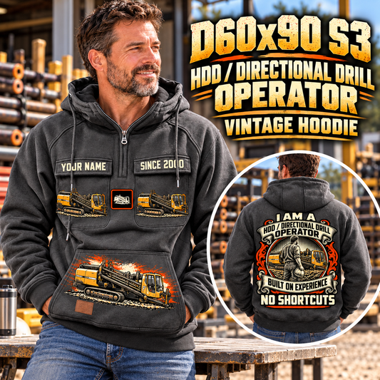Personalized Vermeer D60x90 S3 HDD Directional Drill Vintage Hoodie in Dark Gray, front and back artwork with YOUR NAME and SINCE 2000 sample text.