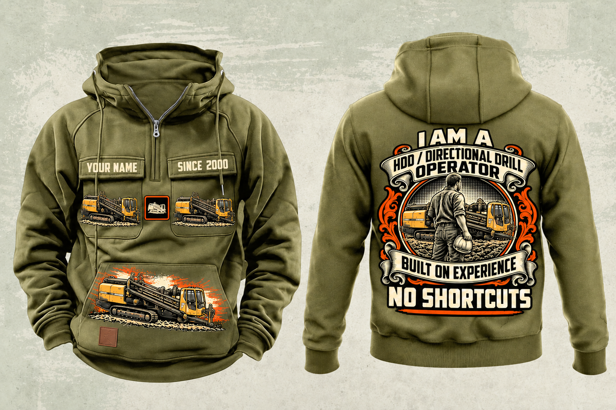 Personalized Vermeer D60x90 S3 HDD Directional Drill Vintage Hoodie in military-green, front and back artwork with YOUR NAME and SINCE 2000 sample text.
