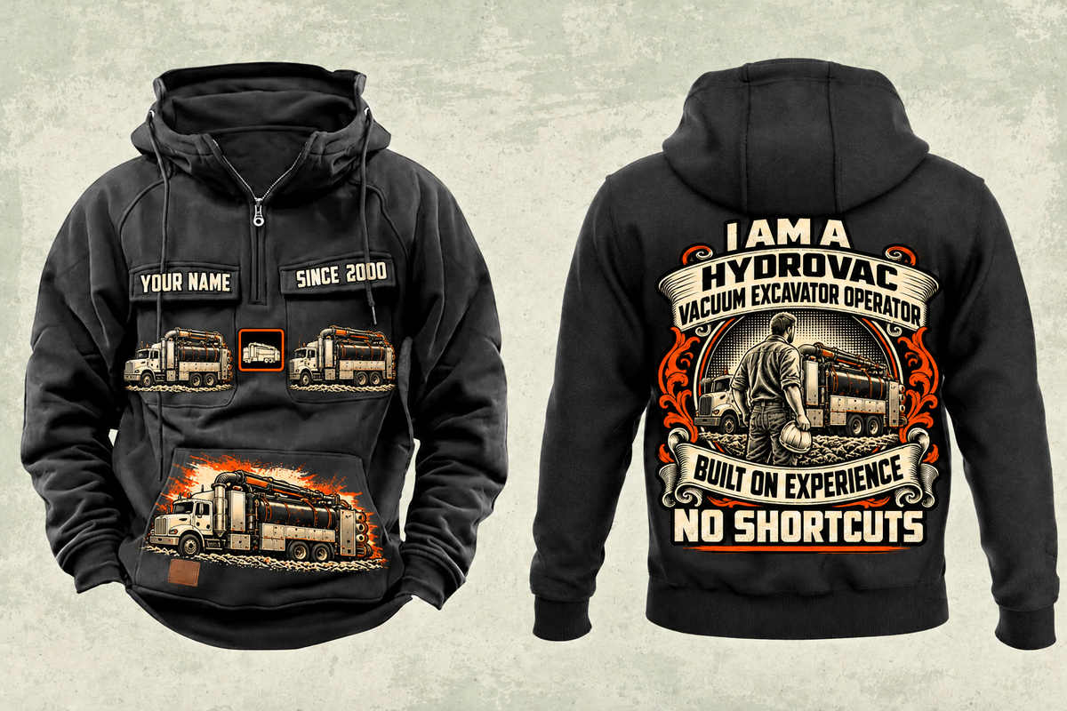 Personalized TRUVAC HXX Truck-Mounted Hydrovac Vintage Hoodie in black, front and back artwork with YOUR NAME and SINCE 2000 sample text.