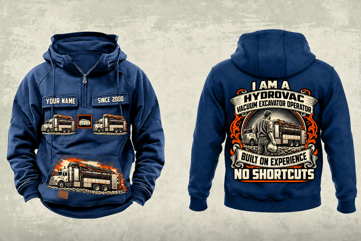 Personalized TRUVAC HXX Truck-Mounted Hydrovac Vintage Hoodie in dark-blue, front and back artwork with YOUR NAME and SINCE 2000 sample text.