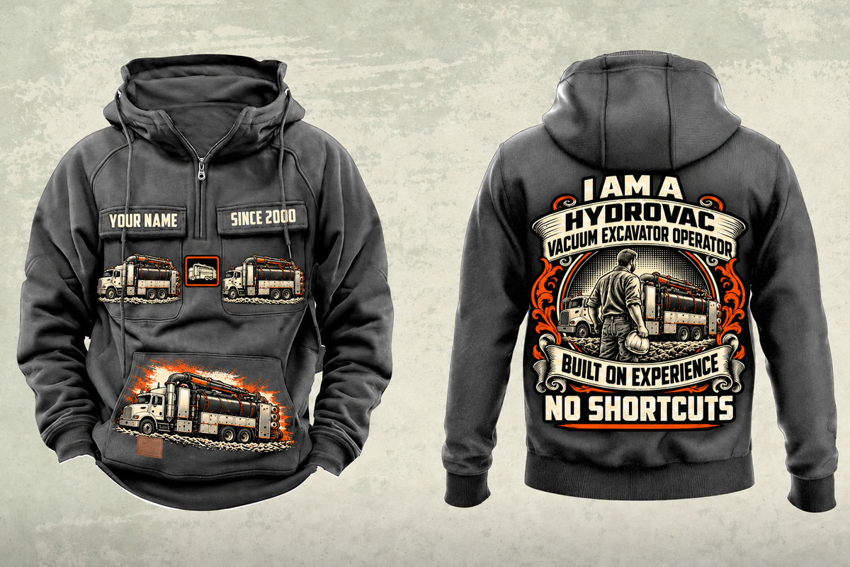 Personalized TRUVAC HXX Truck-Mounted Hydrovac Vintage Hoodie in dark-gray, front and back artwork with YOUR NAME and SINCE 2000 sample text.