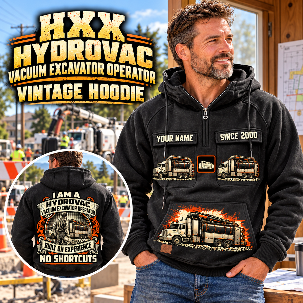 Personalized TRUVAC HXX Truck-Mounted Hydrovac Vintage Hoodie in Black, front and back artwork with YOUR NAME and SINCE 2000 sample text.